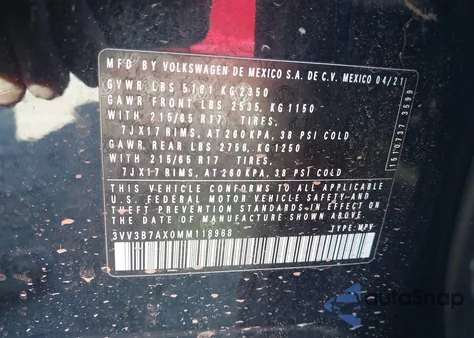 2021 Volkswagen Tiguan 2.0T Se/2.0T Se R-Line Black/2.0T Sel из США, поврежденный, VIN 3VV3B7AX0MM118968